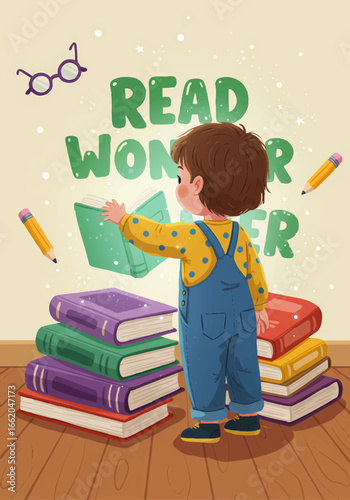 Little boy reading wonder surrounded by colorful books and pencils