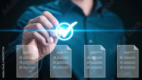 A professional finalizes a digital quality assurance check, marking a task complete on a holographic interface