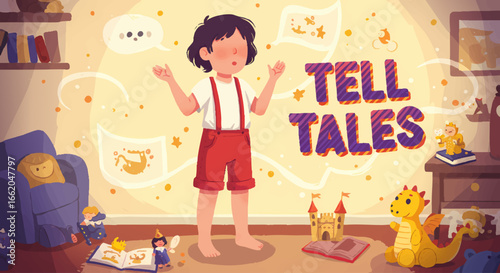 Imaginative boy telling tales with storybook elements illustration