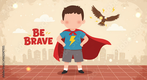 Strong superhero boy with a majestic eagle "BE BRAVE" hand drawn vector