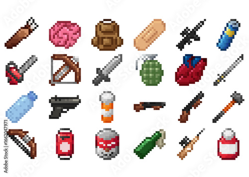 Zombie Item Pack 16x16 16px Pixel Art for Game Developer dan Design. Contains Arrow, Backpack, Battery, Canned Food, Rifle, Bandage, Medkit, Bow, Brain, Heart, Katana, Painkiller, Vitamin, etc
