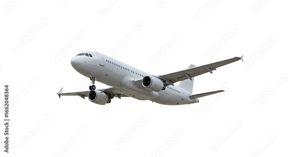 Obraz premium Commercial airplane preparing for landing with landing gear down against a bright white background perfect for travel industry uses