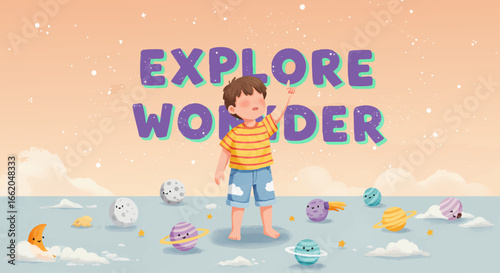 Curious boy exploring wonder in a universe of planets hand drawn vector