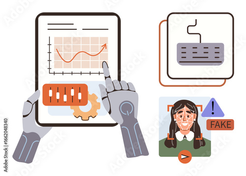 Robot hands analyzing data charts, sliders, and graph, fake alert identification, and tech interface. Ideal for AI ethics, digital trends, misinformation detection, analytics automation machine