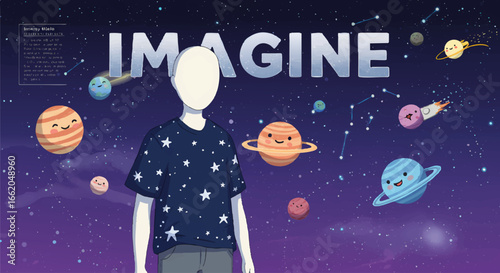 Childlike Character Imagining Space Planets and Stars