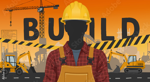 Construction Worker Character Building Site Hand Drawn