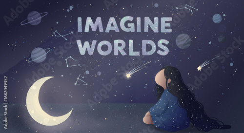 Child Imagining Worlds Moon and Stars Night Sky
