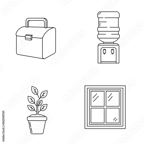 Collection of Return To Office-themed icons, including Lunchbox, Water cooler, Plant, Window