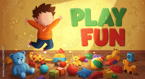 Child Jumping Happily with Toys Play Fun Hand Drawn