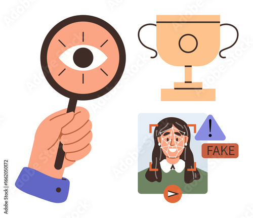 Hand holding magnifier with eye, trophy, flagged profile image labeled fake. Ideal for fraud detection, AI technology, media literacy, identity verification, achievements, investigation