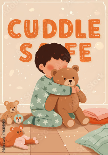 Little boy cuddling teddy bear feeling safe hand drawn
