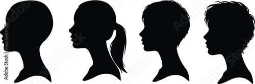 Black head profile silhouettes with diverse hairstyles, vector illustration for identity, diversity, fashion, character design, and hairstyle concept themes