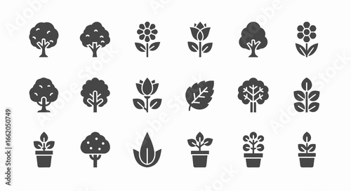 Curated collection of 21 minimalist grayscale vector icons showcasing diverse plants, trees, leaves, and flowers, neatly arranged in a grid on a clean white background.