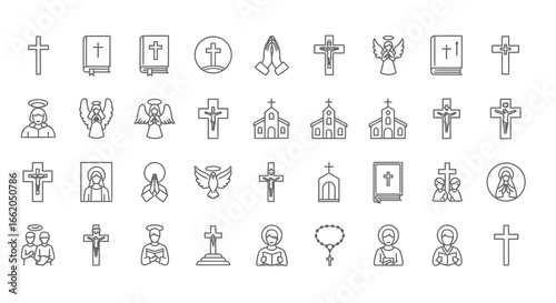 Collection of Religious Icons in a Grid Crosses, Churches, Angels, and More