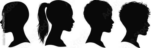 Black head profile silhouettes with diverse hairstyles, vector illustration for identity, diversity, fashion, character design, and hairstyle concept themes