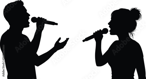 Silhouette singers with microphones performing duet, expressive vocal pose, music concert scene, artistic vector for entertainment, communication, podcast themes