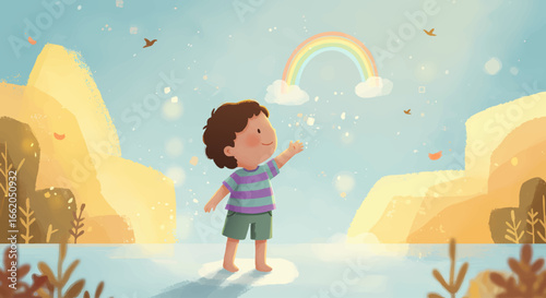 Happy Boy Gazing at Rainbow in Sunny Landscape Illustration
