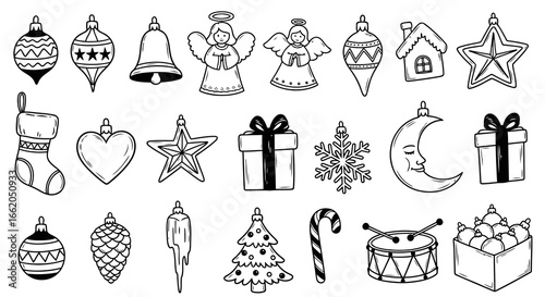 Hand-Drawn Christmas Ornament Collection Black & White Illustrations