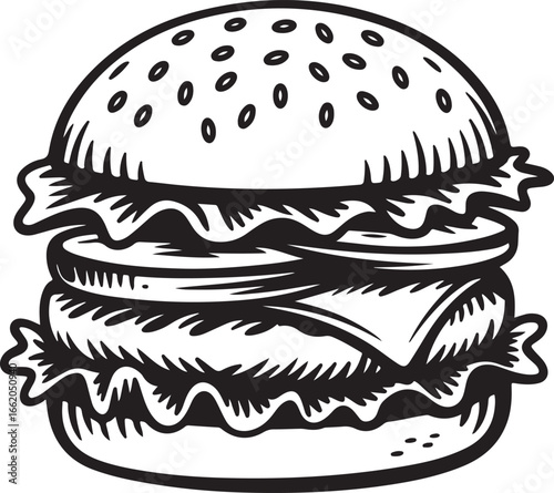 Black and white illustration of a delicious burger with fresh ingredients layered between a sesame seed bun ideal for restaurant promotions
