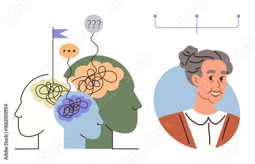 Human heads filled with tangled thoughts, speech balloons with a flag signaling guidance, elder woman suggests wisdom. Ideal for psychology, therapy, mentorship, mental clarity, personal growth