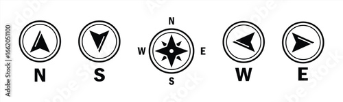 Compass icons set. Map symbol. Monochrome navigational compass with cardinal directions. North, south, east and west. Geographical position. Vector illustration.