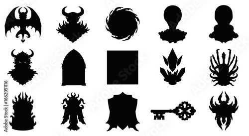Sixteen Silhouette Shapes A Grid of Dark Gray Outlines on a Black Background