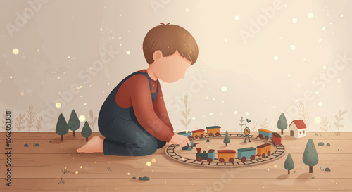 Happy Boy Playing with Toy Train Set on Wooden Floor