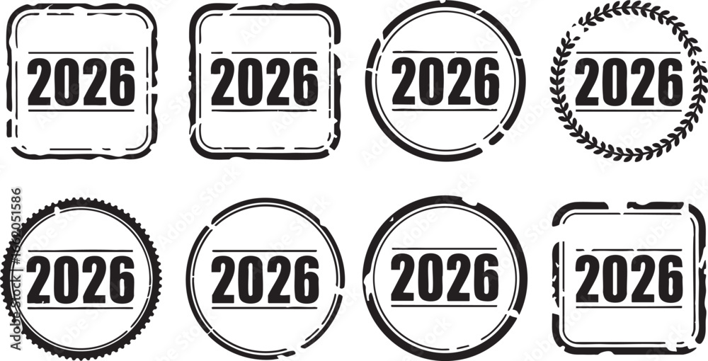 Fototapeta premium Set of 2026 Year Stamps and Seals new year future, 2026, year, new year, future, stamp, seal, mark, imprint, circle, square, rectangle, border, design, graphic, illustration, vector, symbol, icon, tem