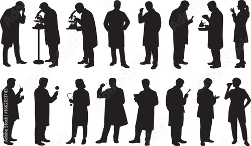 Silhouettes of scientists in lab coats with scientific equipment, scientist, silhouette, male, female, man, woman, people, group, collection, set, laboratory, research, science, experiment, discovery,
