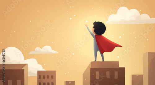 Brave Boy Superhero Standing on Building Gazing at Sky