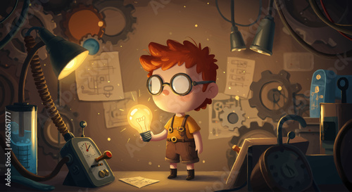 Clever Boy Inventor Holding Glowing Lightbulb in Workshop