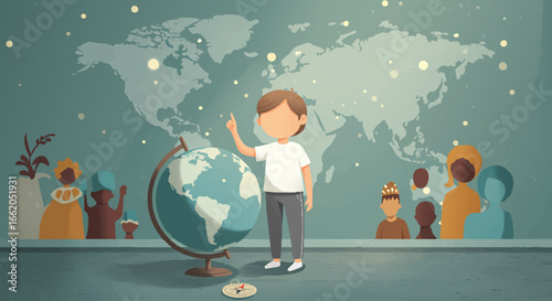Curious Child Exploring World Map and Globe Learning Geography