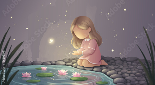 Little Girl by Lily Pond Gazing at Glowing Firefly Enchantment