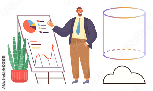 Man presenting data on a flip chart with graphs, pie chart, and statistics. Potted plant adds decor. Transparent cylinder and cloud represent abstract concepts. Ideal for business, finance