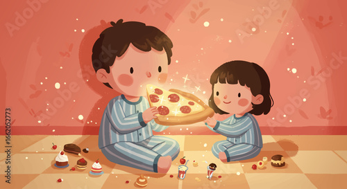 Kids in Pajamas Sharing Pizza and Desserts Happy Mealtime