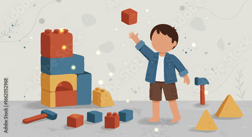 Cute Child Building Tower with Colorful Blocks Hand Drawn Style