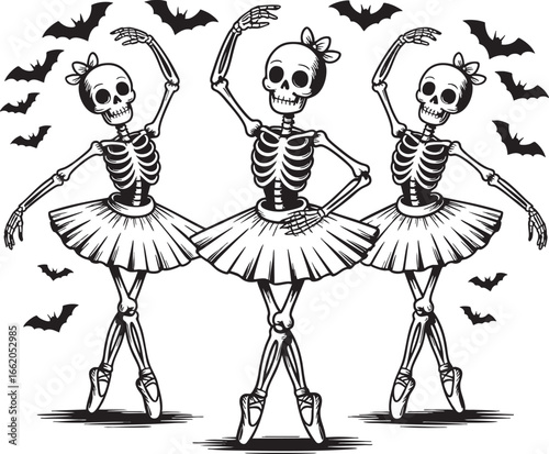 Three dancing skeletons in ballet tutus with bats ballerina, skeleton, ballerina, dance, ballet, tutu, bats, flying, halloween, spooky, creepy, macabre, gothic, black and white, illustration, drawing,
