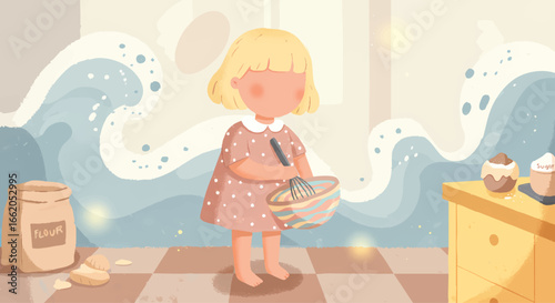 Little Girl Baking Mixing Dough in Bowl Hand Drawn Illustration