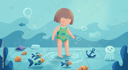 Girl Playing with Colorful Sea Creatures Underwater World Hand Drawn