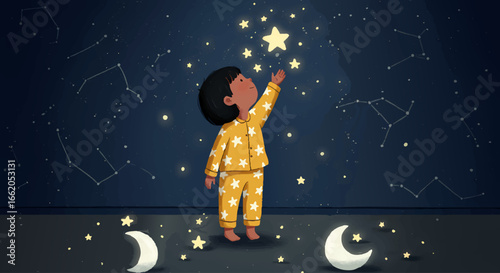 Child Reaching for Glowing Star in Magical Night Sky Hand Drawn