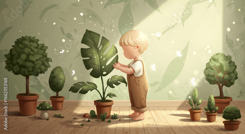 Young Boy Caring for Potted Plants and Greenery Hand Drawn Style
