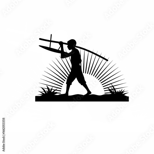 farmer carrying plough on shoulder, walking towards sunrise silhouette on white background