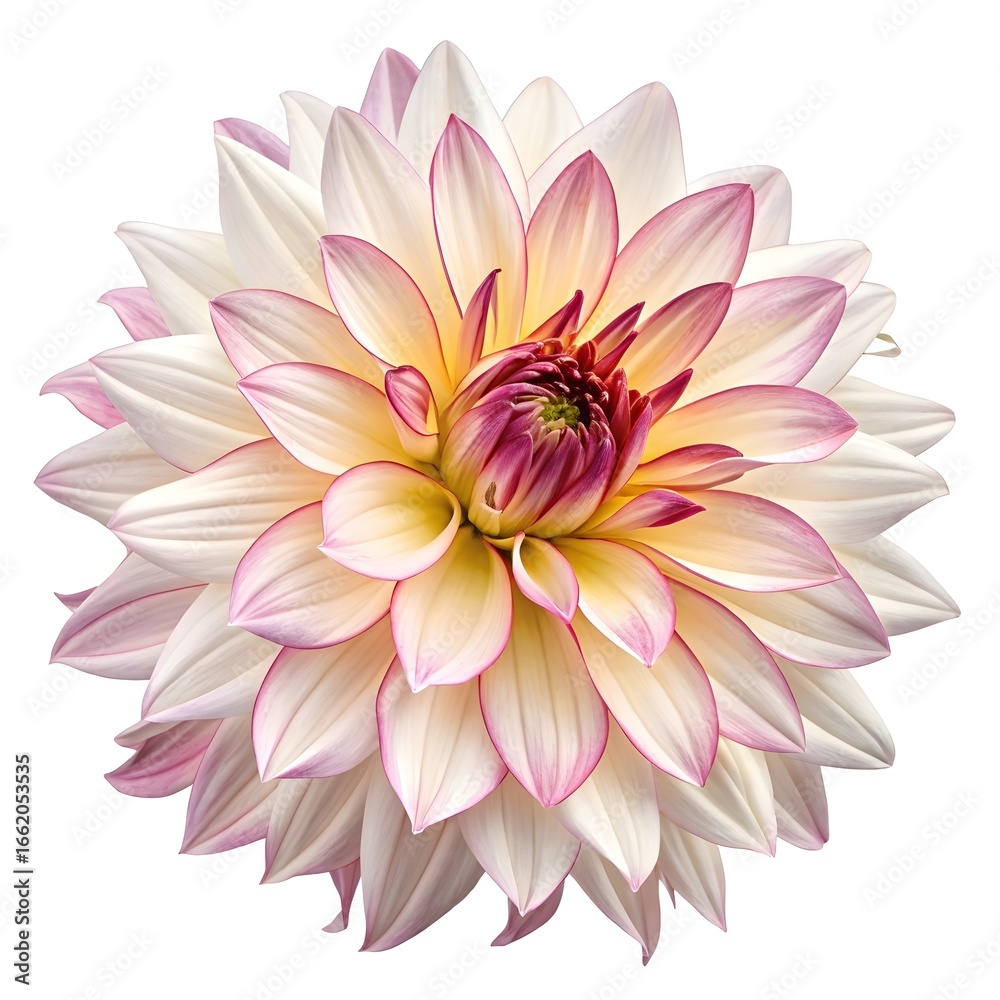 Fototapeta premium Cactus Dahlia Striking and Dramatic Garden Bloom with Long Spiky Petals in Radiant Multicolored Layers on Pure White Background, Conveying Freshness, Bold Energy, and Natural Elegance