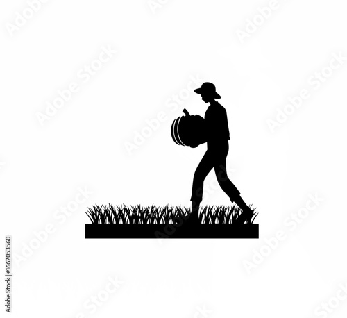 Farmer carrying large pumpkin in both hands, careful posture silhouette on white background