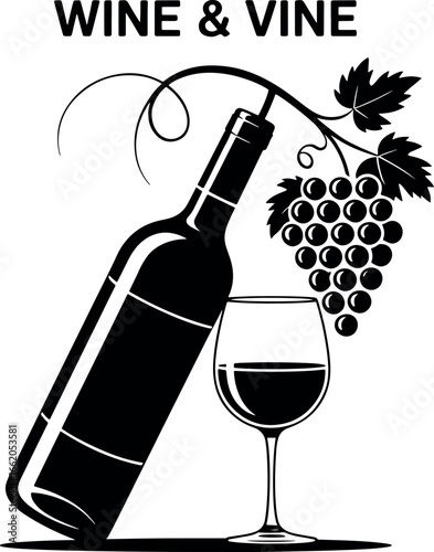 Elegant wine bottle and glass with grape vine illustration for advertising and promotion in monochrome style vector design