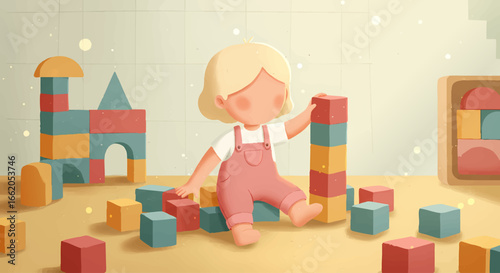 Cute Girl Playing with Colorful Building Blocks Indoors Hand Drawn