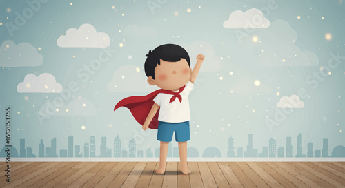 Confident Boy Superhero Posing in Front of Cityscape Hand Drawn