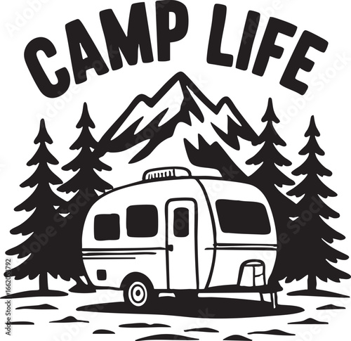 Camp Life RV and Mountains Silhouette camping camper, camping, rv, camper, trailer, travel, nature, mountains, trees, pine trees, forest, outdoors, adventure, vacation, holiday, recreation, leisure, r