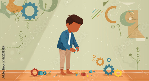 Curious Boy Exploring Mechanical Wonders with Gears and Cogs Hand Drawn