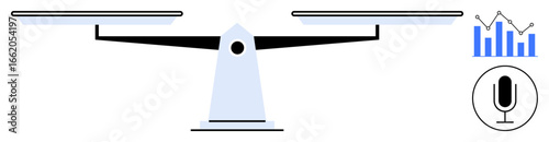 Balance scale in equilibrium next to analytics graph and microphone. Ideal for justice, analytics, data, equality, decisions, communication, and governance themes. Clean simple landing page